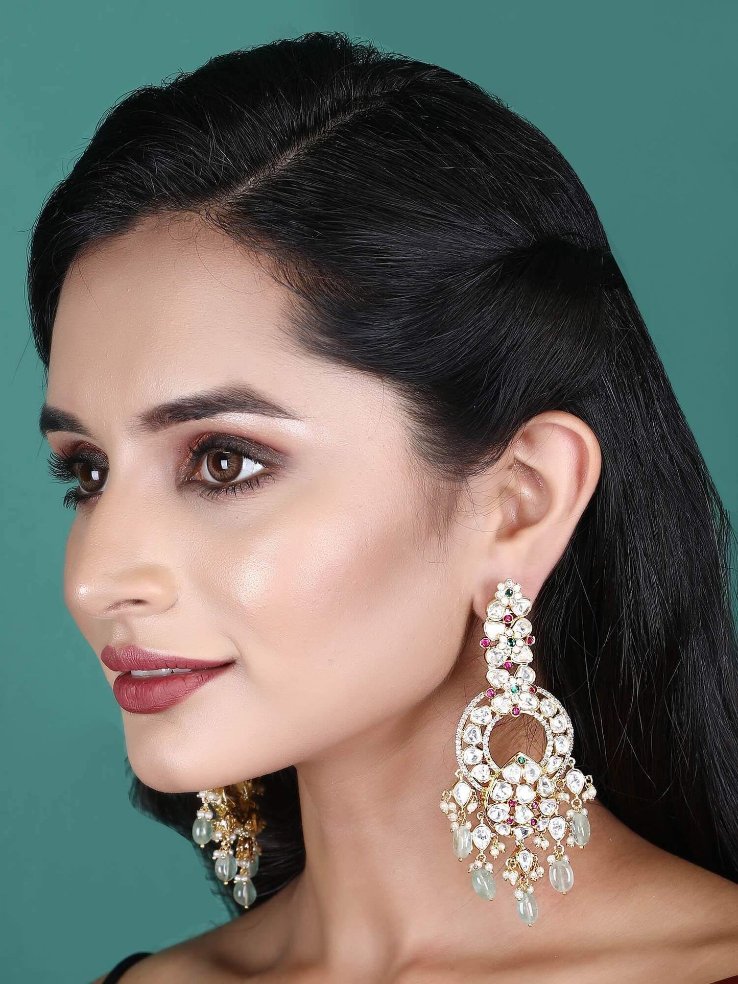 22KT gold Plated Kundan Red and Green Chandelier Earring Set - Auraa Trends