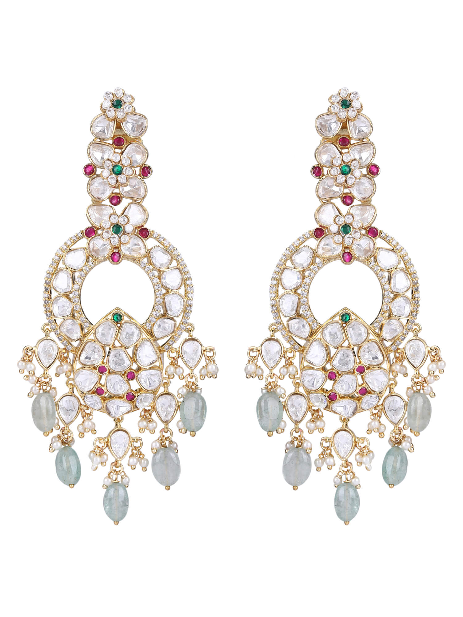 22KT gold Plated Kundan Red and Green Chandelier Earring Set - Auraa Trends - Chandelier Earrings 22KT Gold chandelier