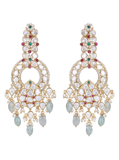 22KT gold Plated Kundan Red and Green Chandelier Earring Set - Auraa Trends - Chandelier Earrings 22KT Gold chandelier