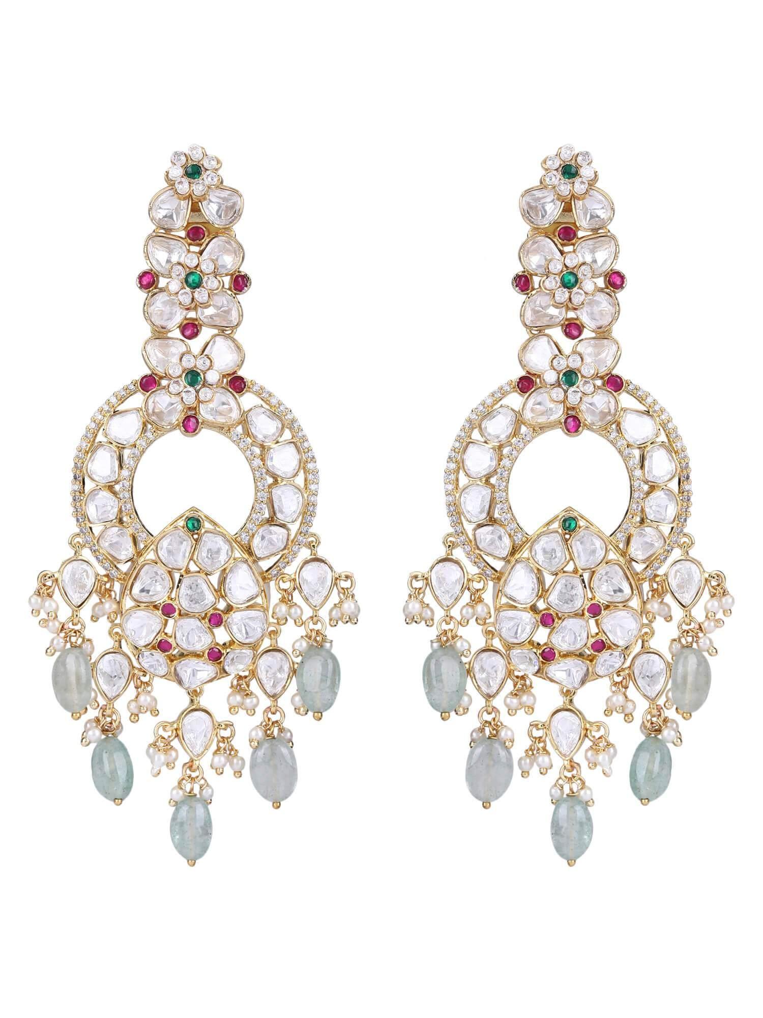 22KT gold Plated Kundan Red and Green Chandelier Earring Set - Auraa Trends