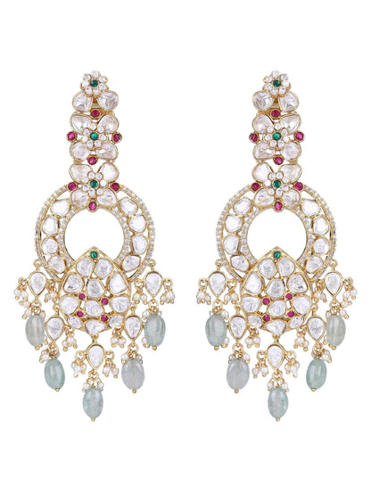 22KT gold Plated Kundan Red and Green Chandelier Earring Set - Auraa Trends