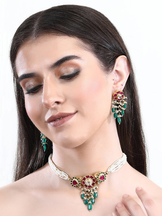 22KT Gold Plated Kundan Red and Green Choker Necklace Set For women and Girls - Auraa Trends - Necklace Set 92.5 Silver Alloy