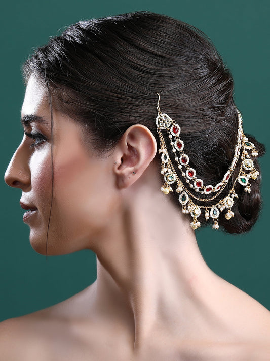 22KT Gold Plated Kundan Red and Green Kaanchain For women and Girls - Auraa Trends - Kaan chain 12/09/2023 Alloy Aura Trends
