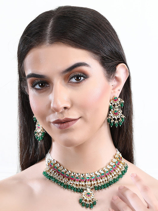 22KT Gold Plated Kundan Red and Green Necklace Set For women and Girls - Auraa Trends - Necklace Set 12/09/2023 Alloy
