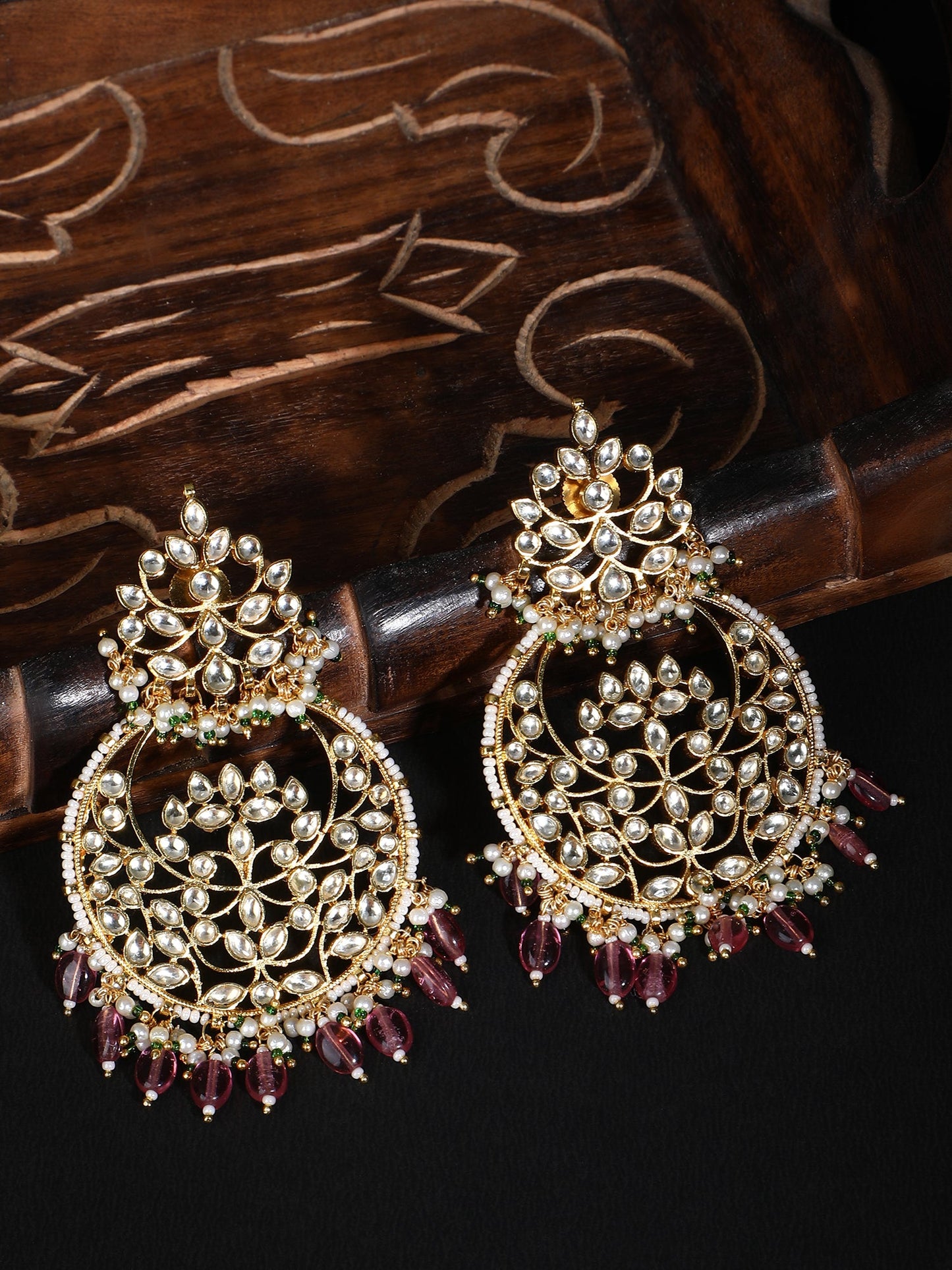 22KT Gold Plated Kundan Red Chandbaali Earring Set For women - Auraa Trends - Chandbali - afghan chandbaali buy online
