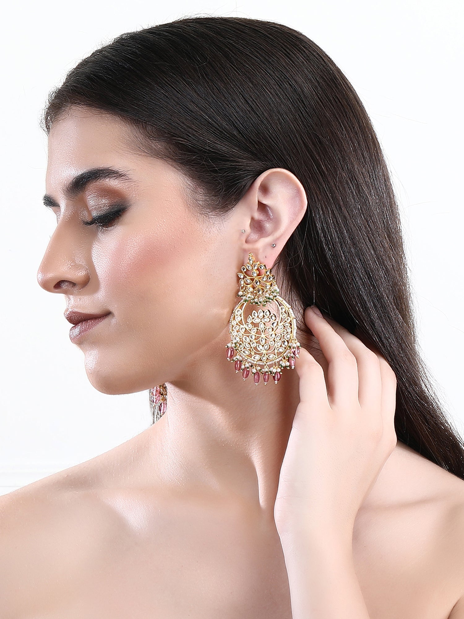 22KT Gold Plated Kundan Red Chandbaali Earring Set For women - Auraa Trends - Chandbali - afghan chandbaali buy online