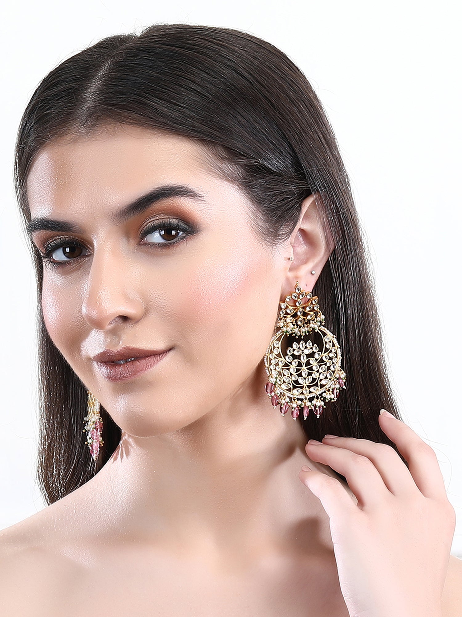 22KT Gold Plated Kundan Red Chandbaali Earring Set For women - Auraa Trends - Chandbali - afghan chandbaali buy online