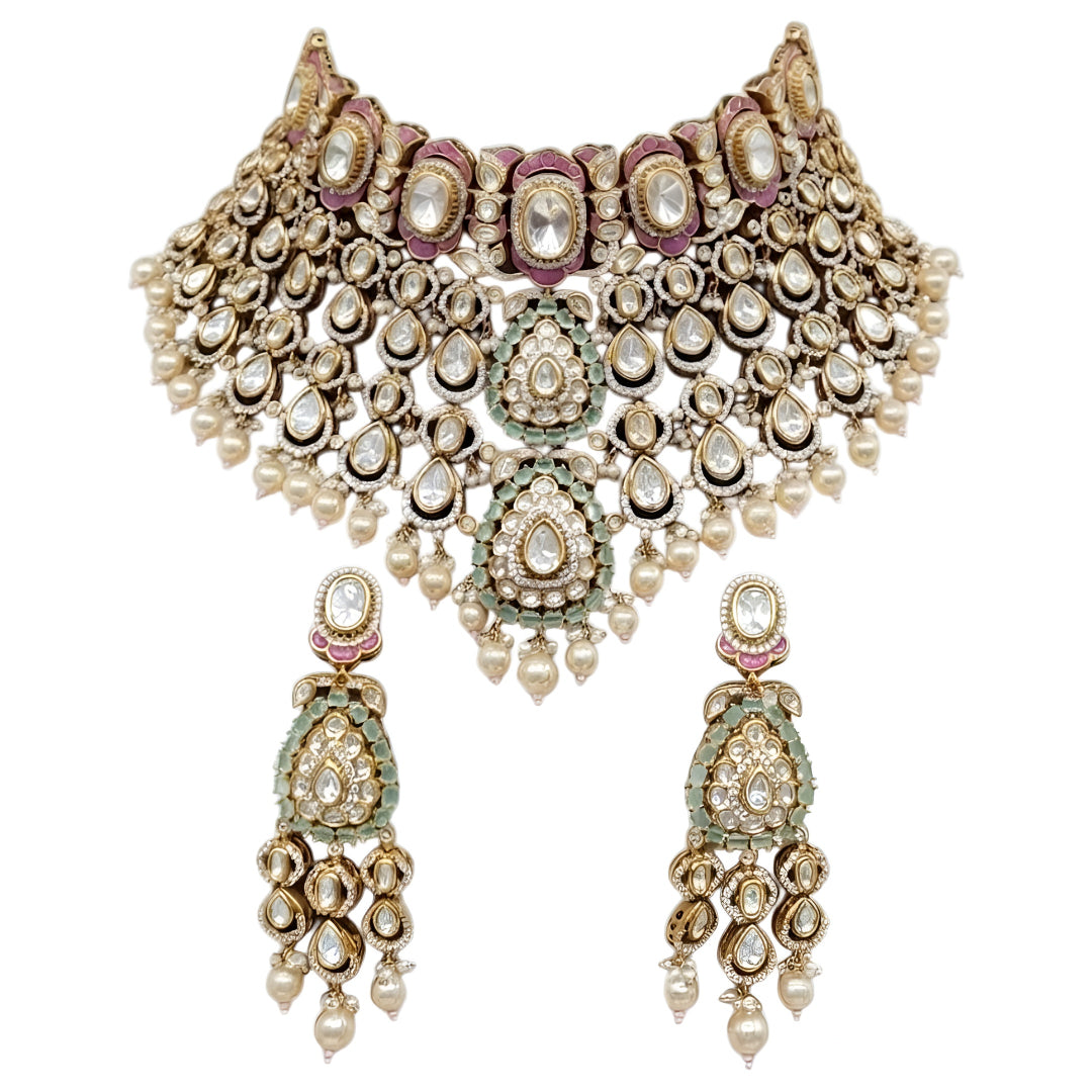 "Antique gold kundan meenakari bridal choker necklace set with pink and mint enamel work and pearl drops, paired with matching jhumka earrings"