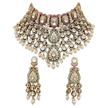 "Antique gold kundan meenakari bridal choker necklace set with pink and mint enamel work and pearl drops, paired with matching jhumka earrings"