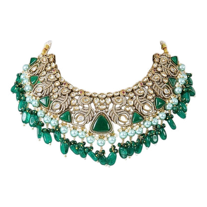 Bridal kundan choker necklace set with emerald green stone drops and matching earrings