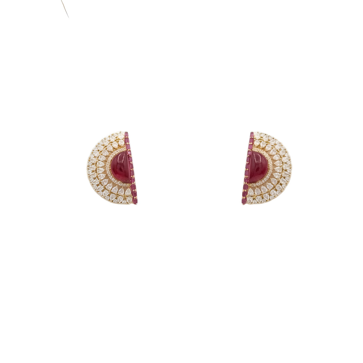 Gold plated ruby red multi-strand choker necklace set with American diamond half-moon medallions and matching earrings