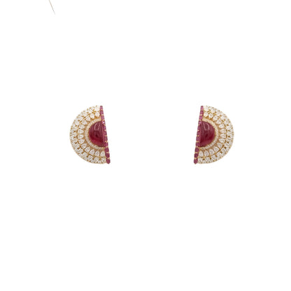 Gold plated ruby red multi-strand choker necklace set with American diamond half-moon medallions and matching earrings