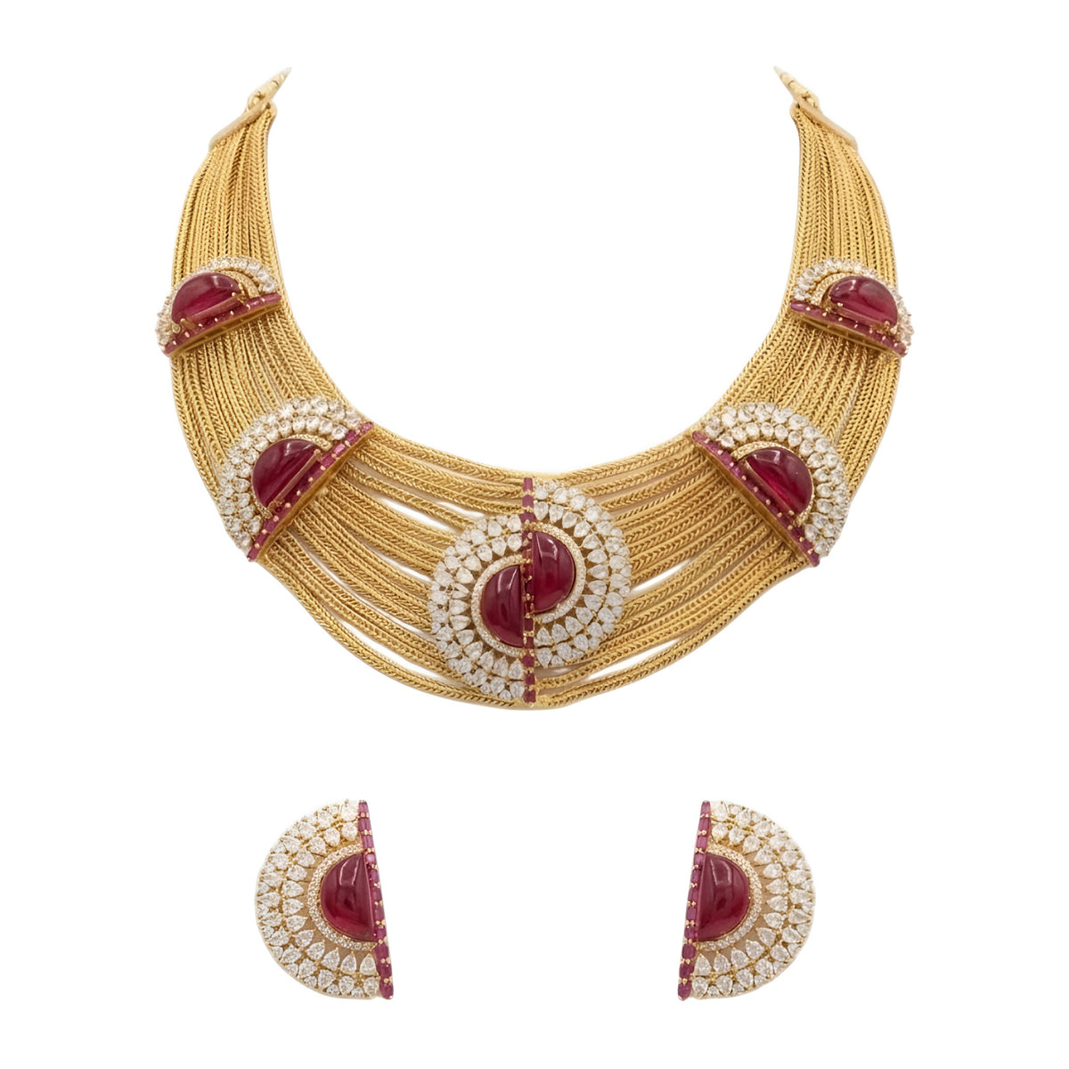 Gold plated ruby red multi-strand choker necklace set with American diamond half-moon medallions and matching earrings