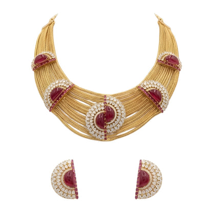 Gold plated ruby red multi-strand choker necklace set with American diamond half-moon medallions and matching earrings