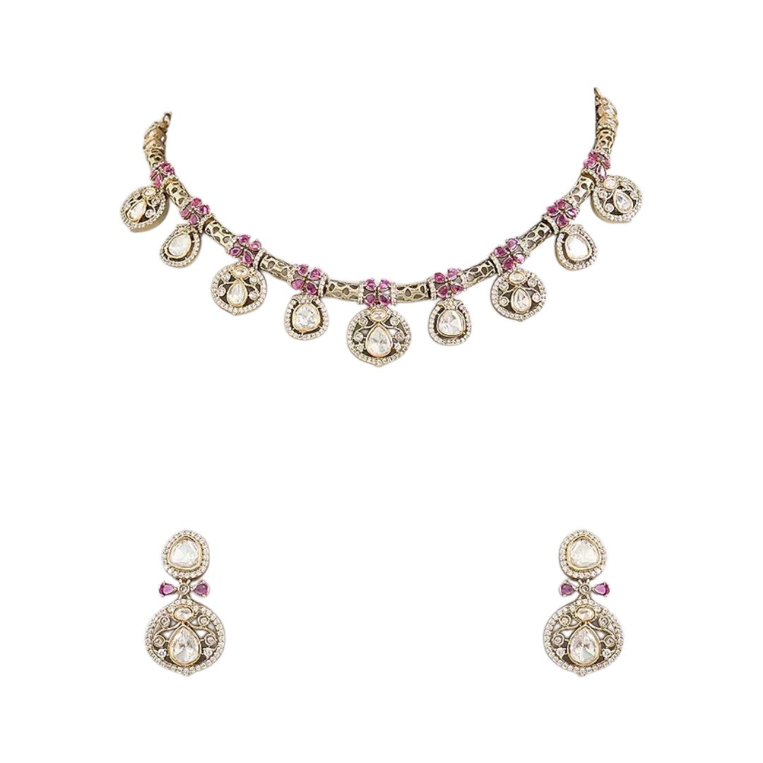 Antique gold finish Victorian kundan necklace set with polki-style medallions, ruby pink stone clusters, zircon halos and matching drop earrings – Auraa Trends