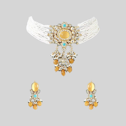 Multi-strand white beaded kundan choker necklace with yellow stone centrepiece and yellow bead drops, shown with matching earrings