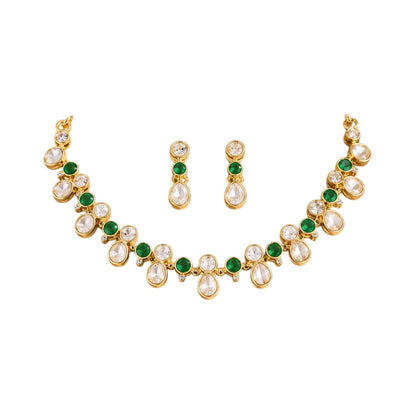 Gold-plated necklace set with green round stones, white teardrop crystal stones, and matching stud earrings for women, ideal for party, festive, and wedding wear.