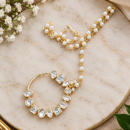 Kundan polki nath with pearl chain and hair hook for bridal nose ring look