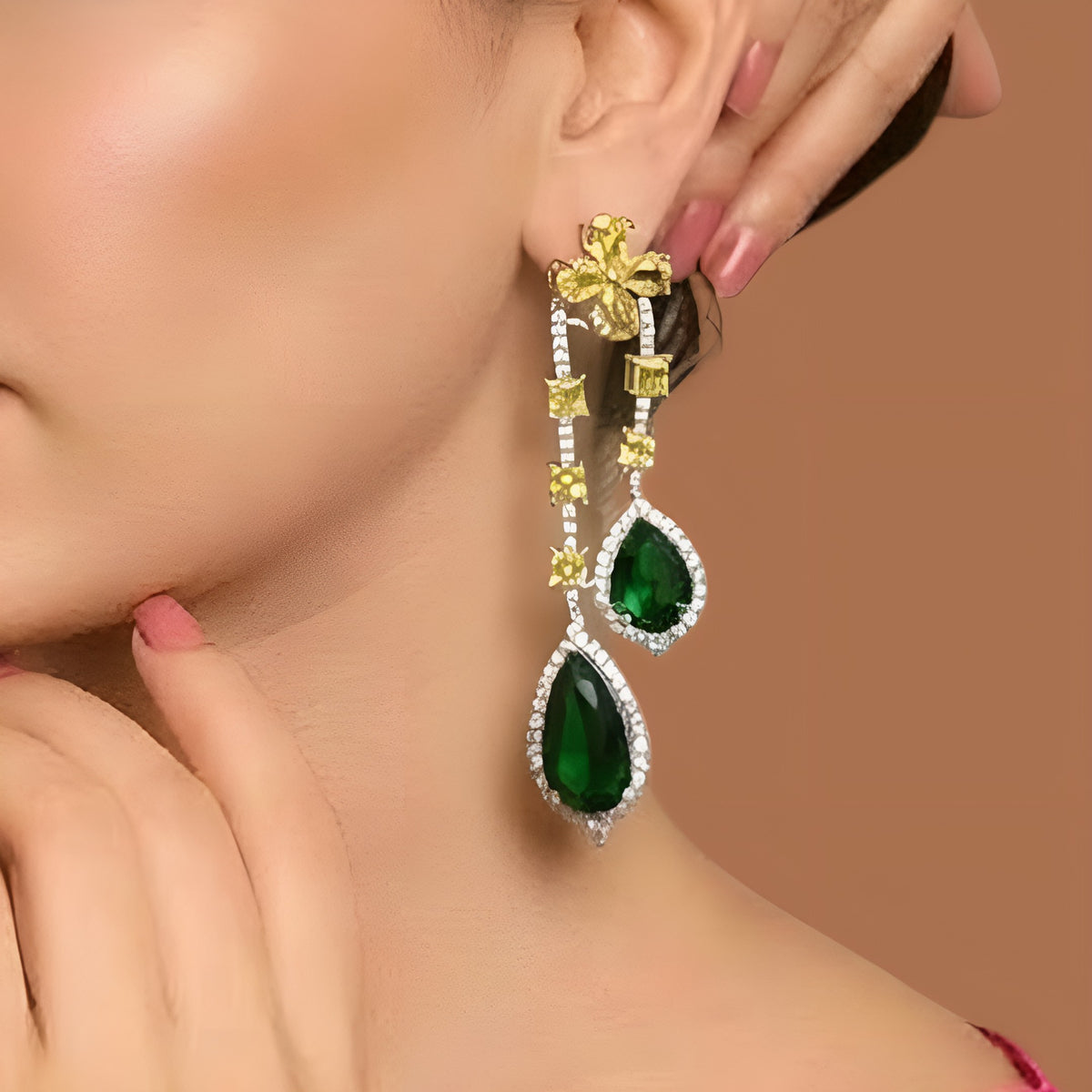 Designer green and yellow CZ chandelier earrings for women.