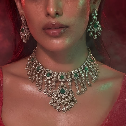 "Antique gold Kundan waterfall choker necklace with cascading fringe and emerald accents, matching chandelier drop earrings"