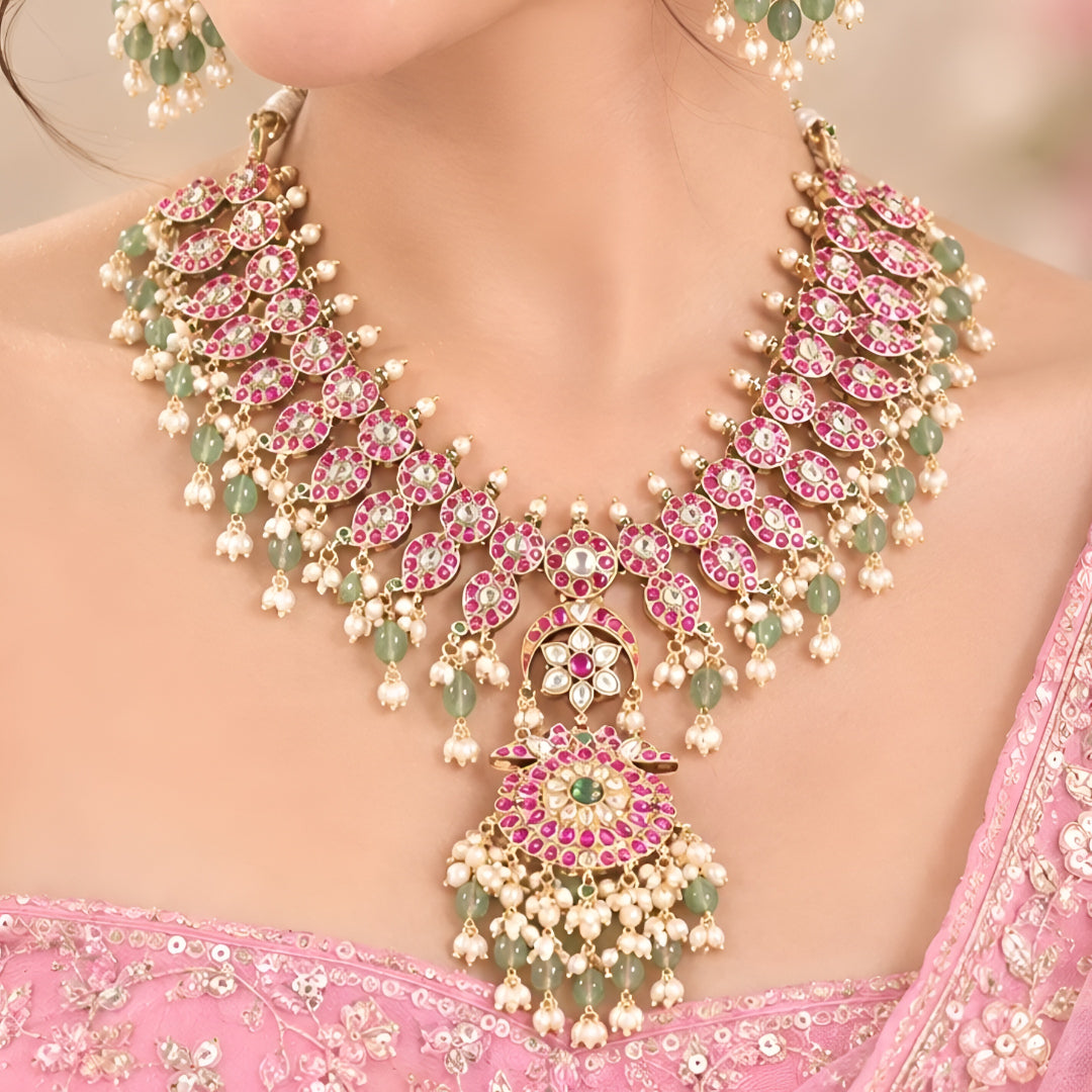 Pink Green Kundan Necklace Set with Statement Earrings
