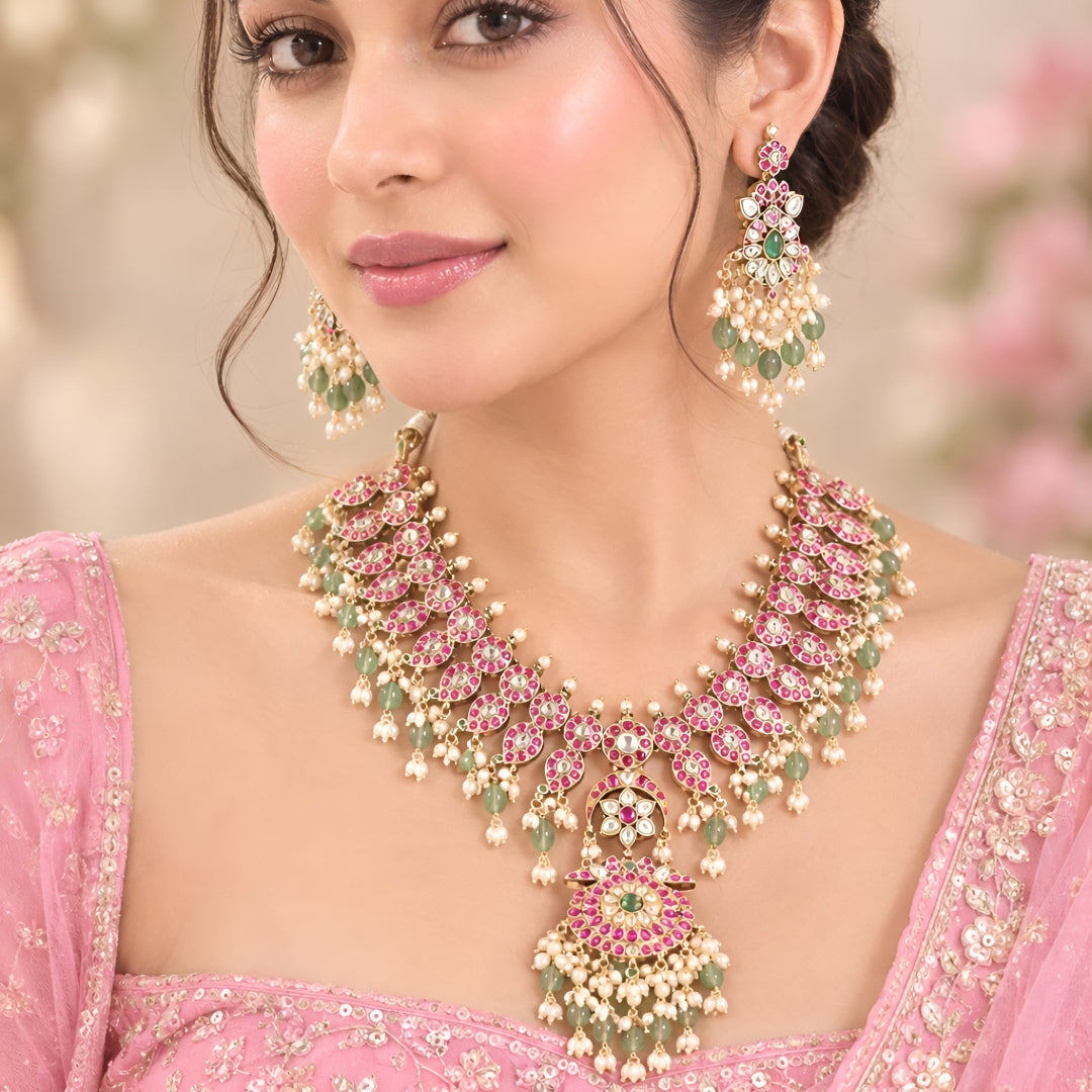 Pink Green Kundan Necklace Set with Statement Earrings