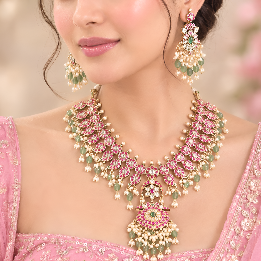 Pink Green Kundan Necklace Set with Statement Earrings