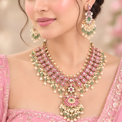 Pink Green Kundan Necklace Set with Statement Earrings
