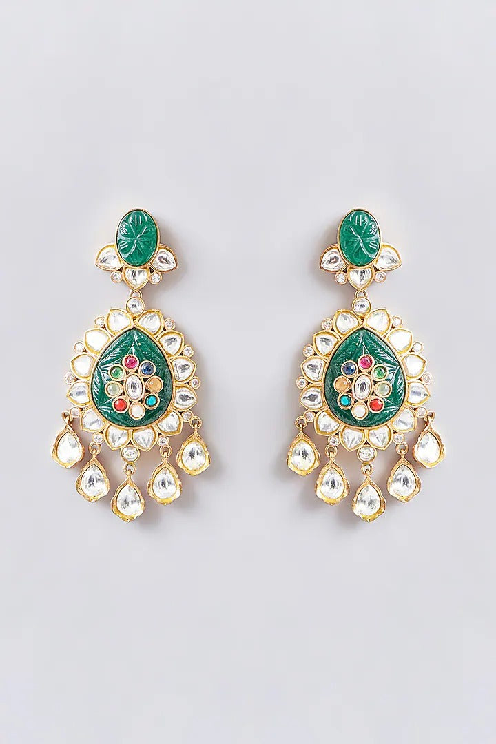 Kundan polki long necklace set with carved emerald pendant and matching earrings