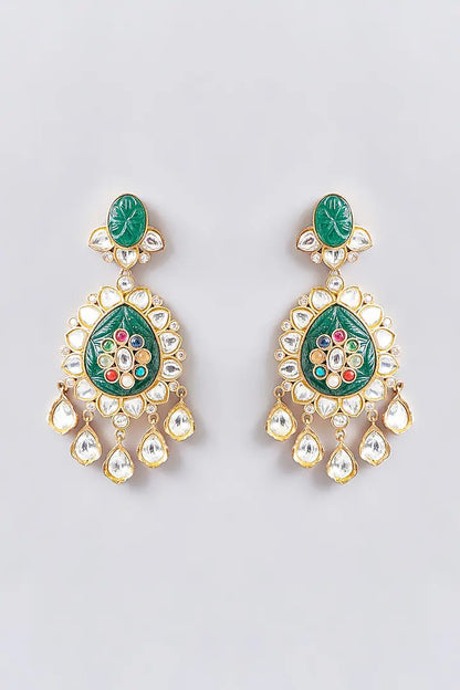 Kundan polki long necklace set with carved emerald pendant and matching earrings