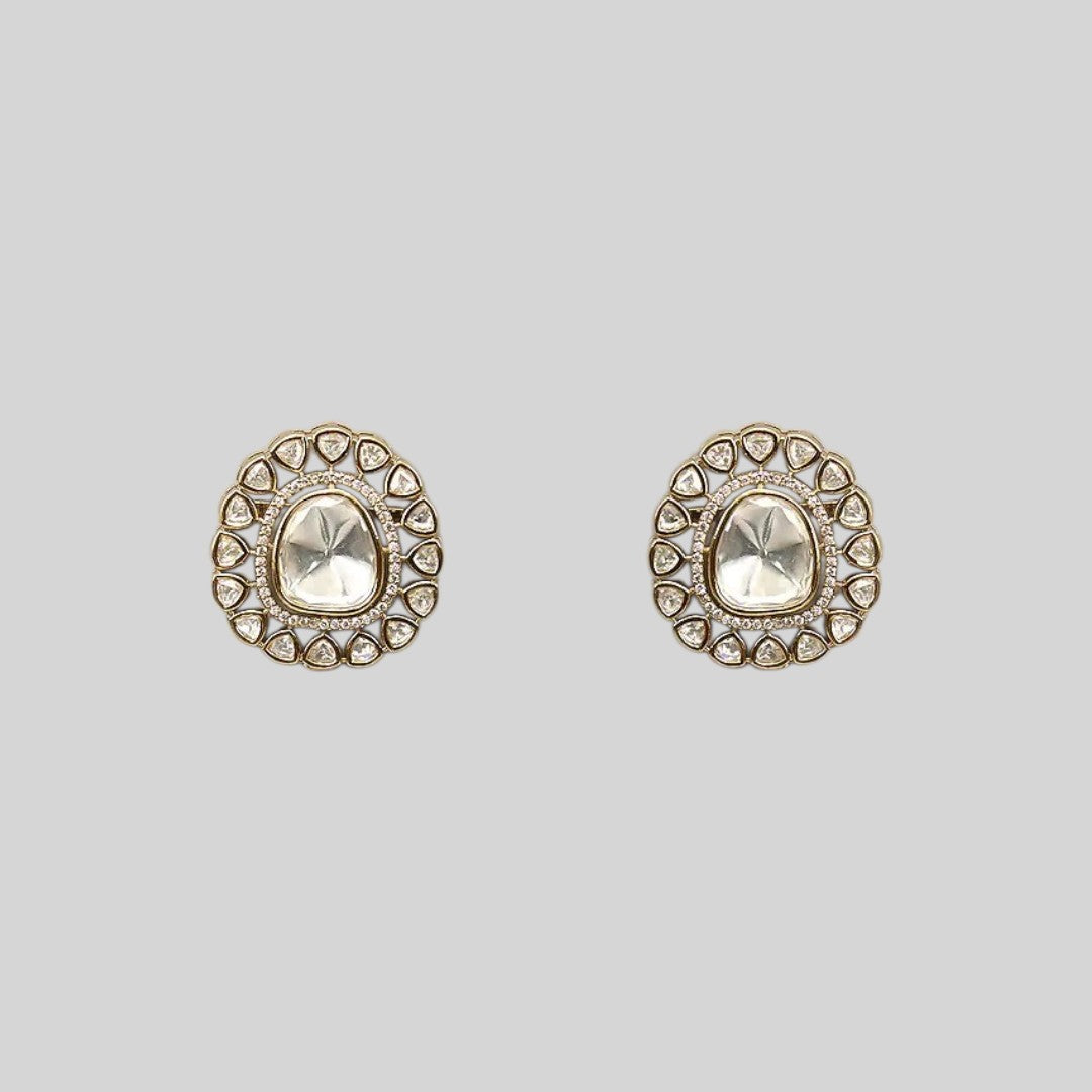 White Polki Halo Round Stud Earrings