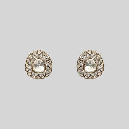 White Polki Halo Round Stud Earrings