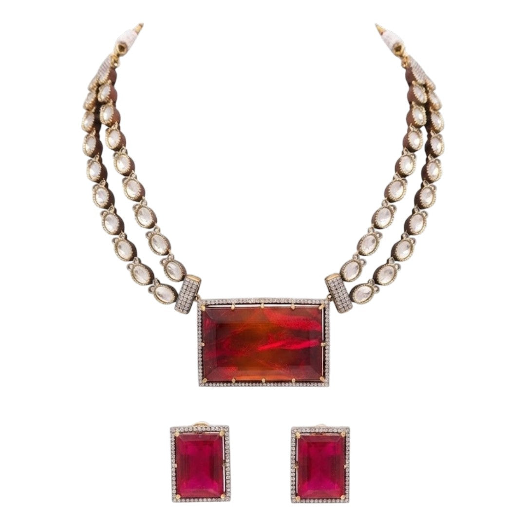 Red Crystal Pendant Necklace Set with Earrings Gold Plated Statement