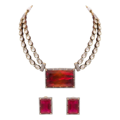 Red Crystal Pendant Necklace Set with Earrings Gold Plated Statement
