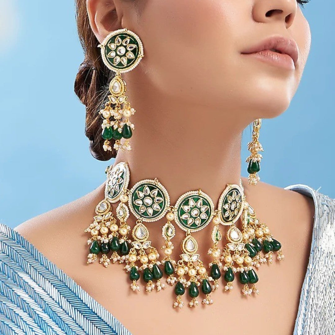 Meenakari kundan round disc choker set with green bead drops and matching earrings
