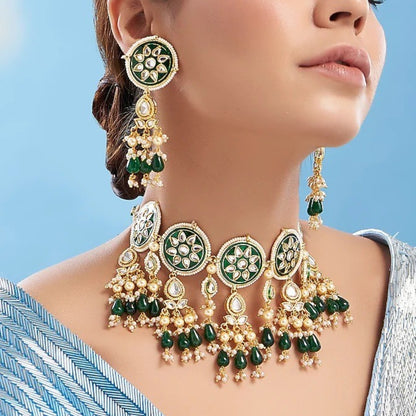 Meenakari kundan round disc choker set with green bead drops and matching earrings