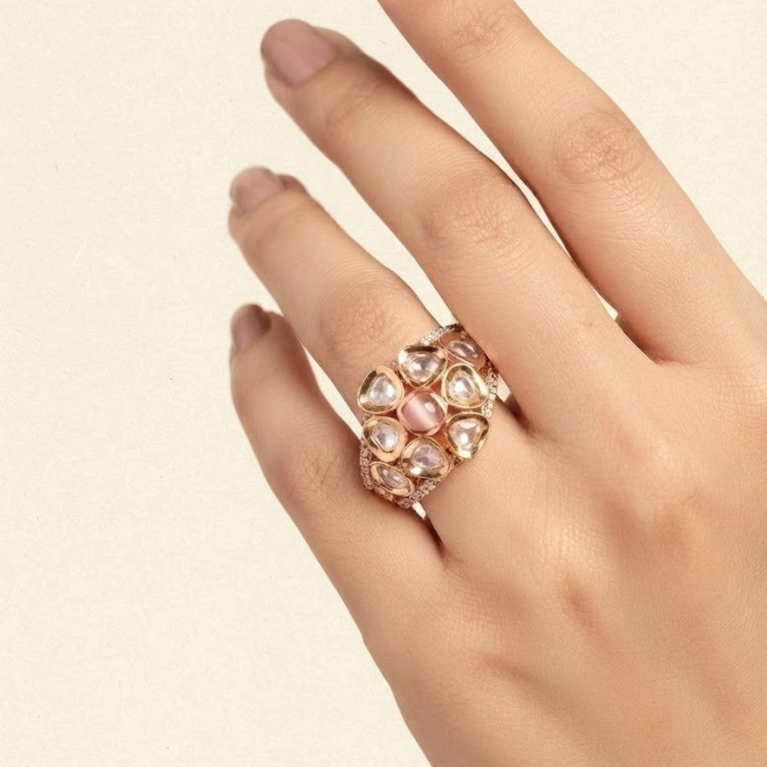 Handcrafted gold plated kundan finger ring for weddings and festive wear