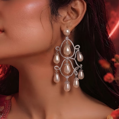 Silver CZ Chandelier Earrings with Pearl Drops