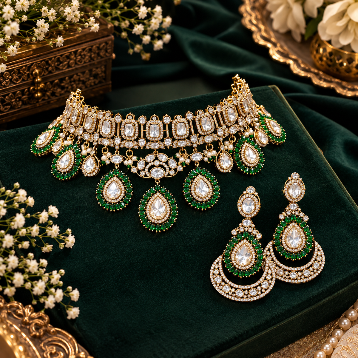 Gold Victorian kundan bridal choker with emerald-green ringed pear drops and matching crescent chandelier earrings on dark green velvet