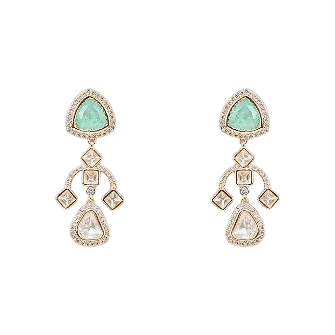 Gold finish two-layer American diamond necklace set with mint green triangular stones, polki-style clear drops and matching chandelier earrings – Auraa Trends