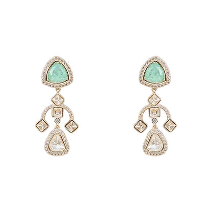 Gold finish two-layer American diamond necklace set with mint green triangular stones, polki-style clear drops and matching chandelier earrings – Auraa Trends