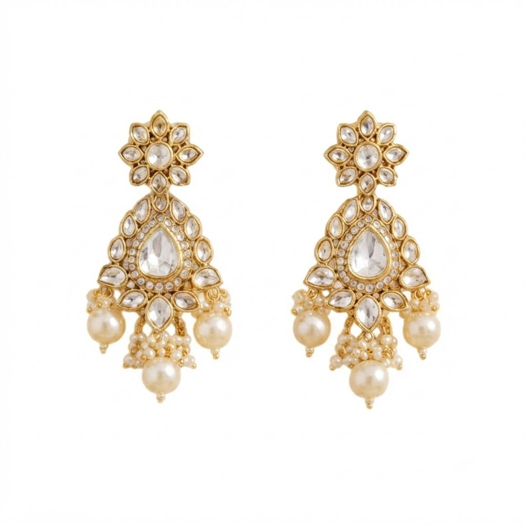 Gold-plated Kundan pearl choker necklace set with American diamond stones and matching pearl drop earrings for bridal, wedding, and festive wear.