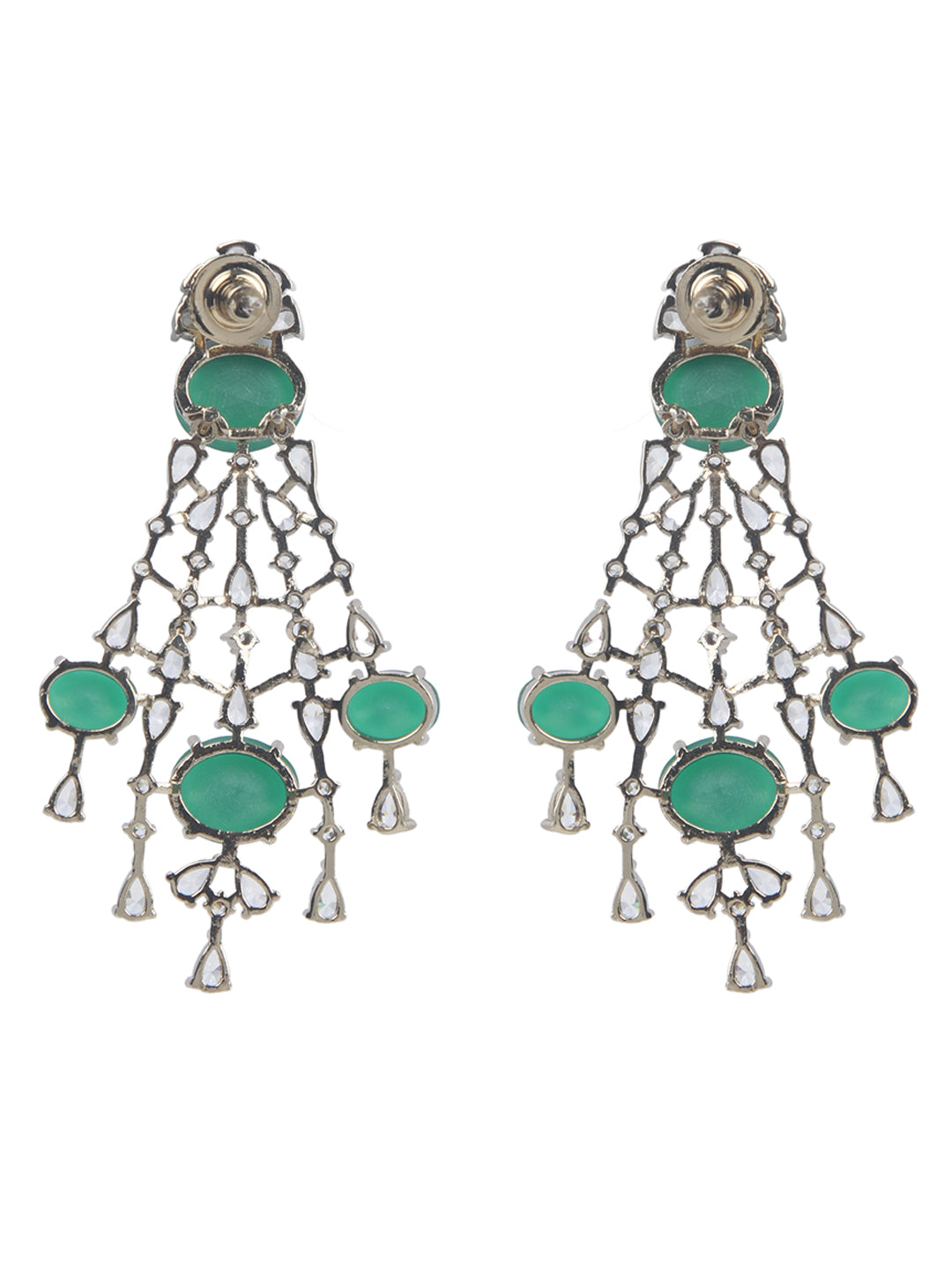 Silver-tone multi-layer emerald green necklace set with chandelier earrings, statement bridal jewelry with oval green stones and crystal detailing