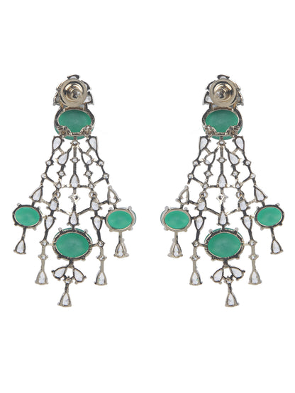Silver-tone multi-layer emerald green necklace set with chandelier earrings, statement bridal jewelry with oval green stones and crystal detailing