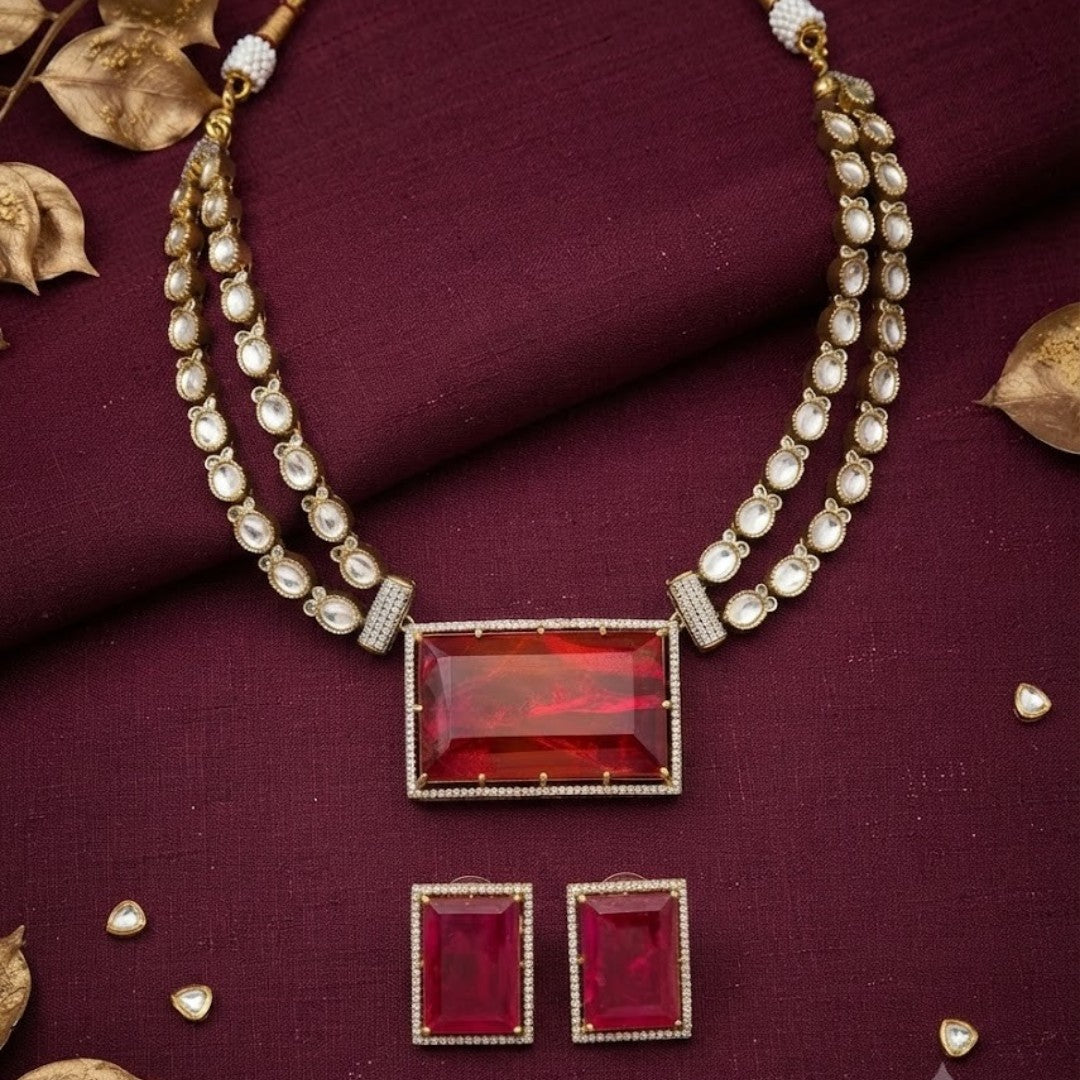 Red Crystal Pendant Necklace Set with Earrings Gold Plated Statement