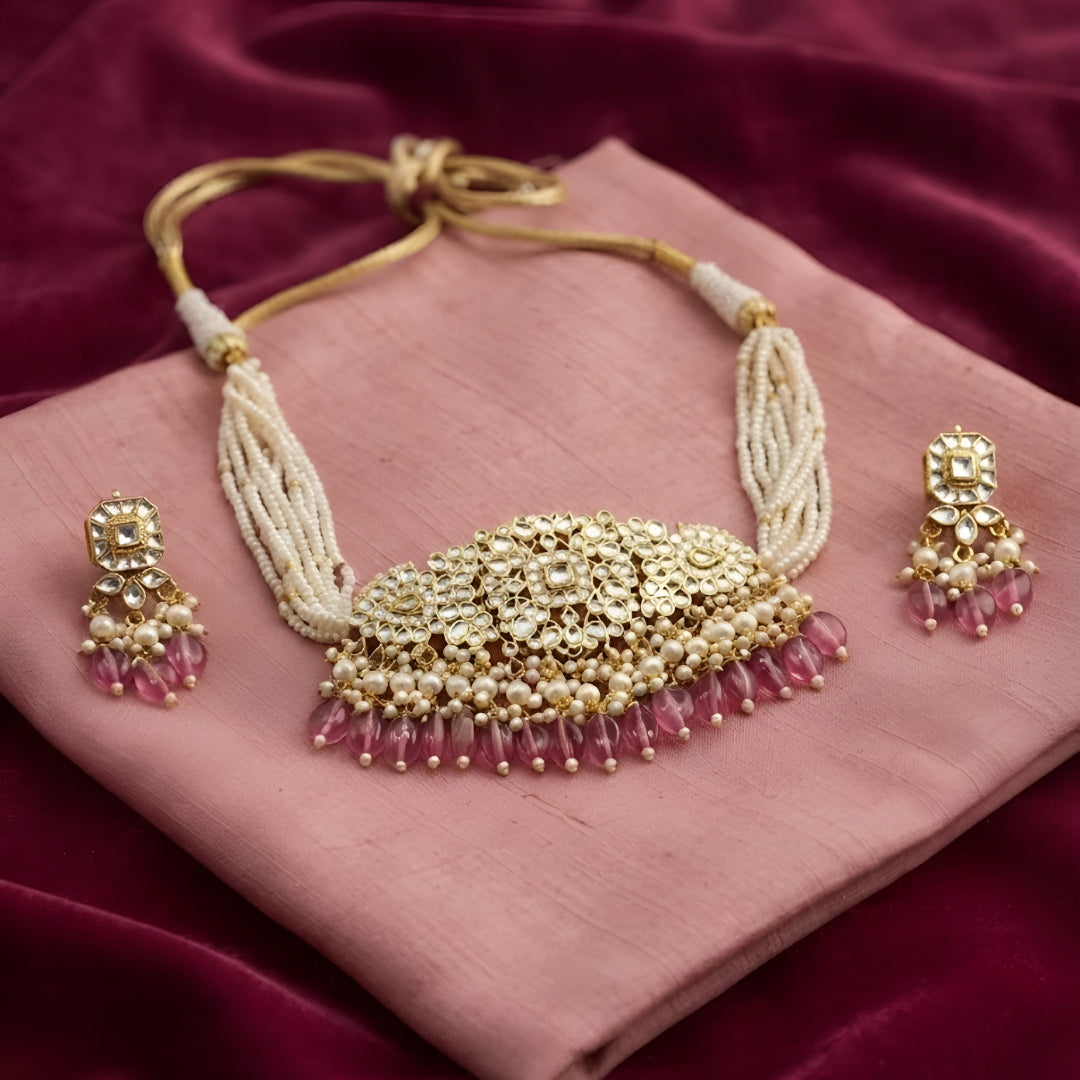 Kundan Pearl Necklace Set with Pink Beads Traditional Bridal Choker & Earrings