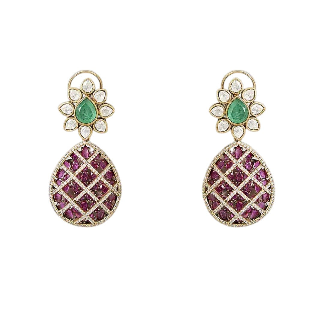 "Antique gold rigid choker necklace with ruby pavé lattice design and emerald pear pendant, matching earrings"