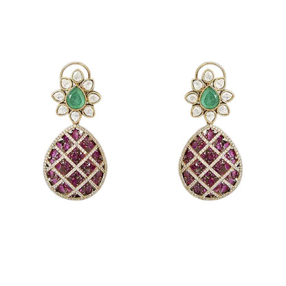 "Antique gold rigid choker necklace with ruby pavé lattice design and emerald pear pendant, matching earrings"