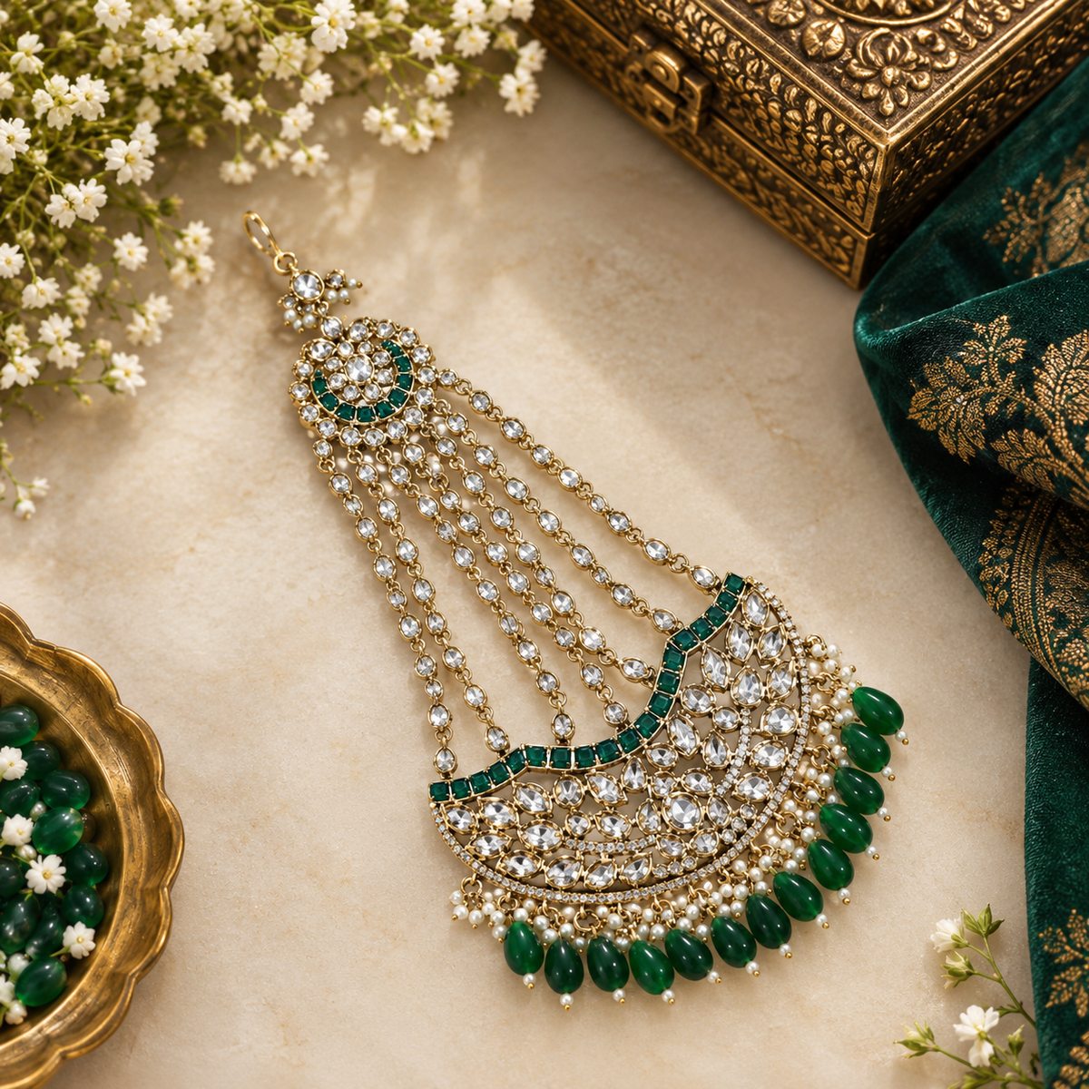 Antique gold-finish kundan passa with five stone strands, emerald-green stones, green drop beads, and pearl-style bead hangings