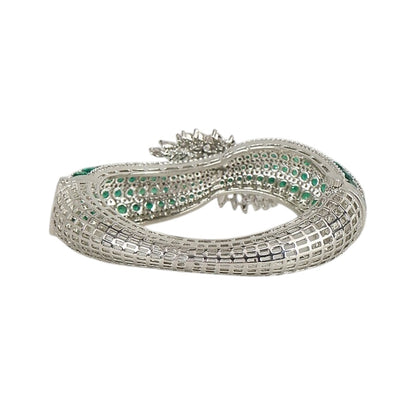 Emerald Green Crystal Bow-Knot Bangle Bracelet with Floral Accent Silver-Plated Statement Cuff